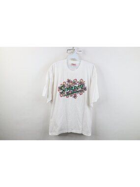 Vintage 90s Y2K Streetwear Womens XL Spell Out Singapore Flower Floral T-Shirt